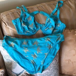 Turquoise/blue and Gold Floral Women's two piece bathing suit